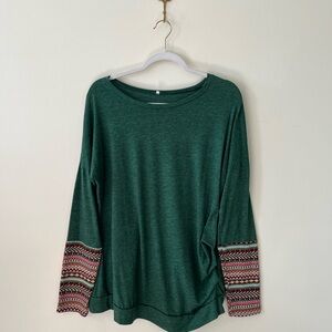 Women's Green Long Sleeve Top with Patterned Sleeves